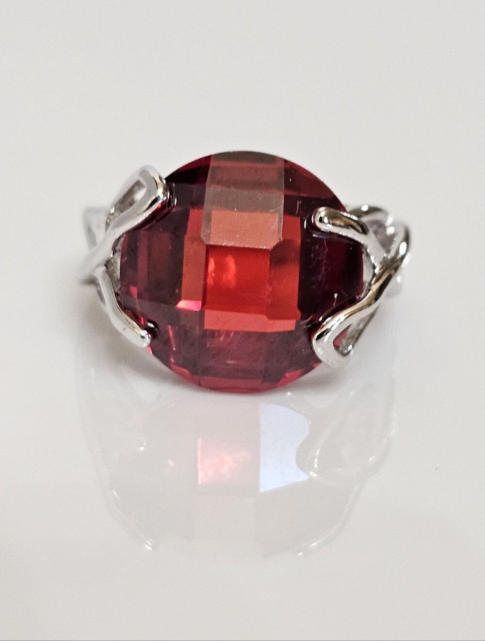 Vintage Large Fancy Cut Red Crystal Ring Sterling Silver Size 7.5!